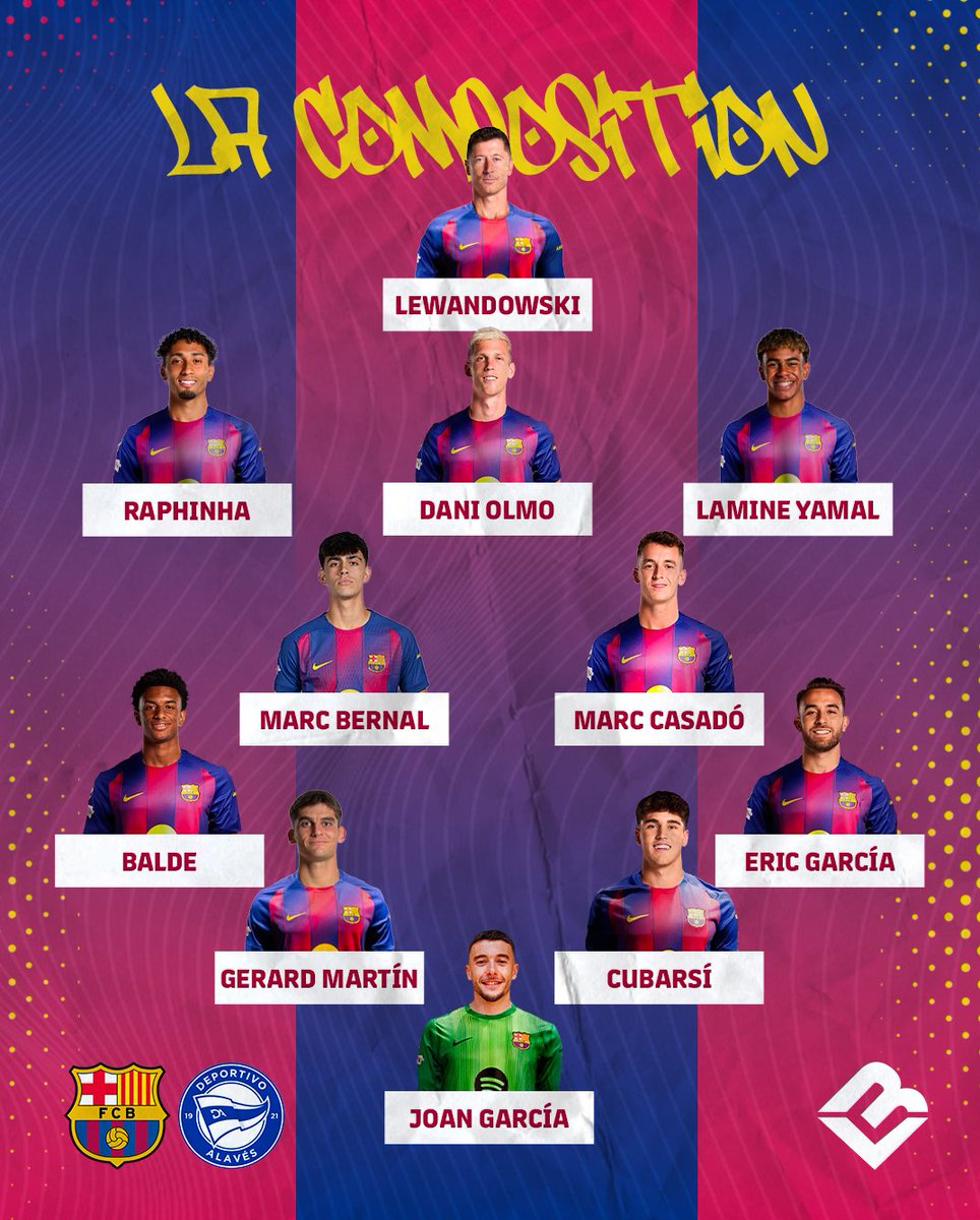 VisionBlaugrana's tweet image. 🚨 𝗢𝗙𝗙𝗜𝗖𝗜𝗘𝗟 | 𝗟𝗔 𝗖𝗢𝗠𝗣𝗢𝗦𝗜𝗧𝗜𝗢𝗡 💙❤️

Le XI pour ce match contre Alavés !

Vos avis ?