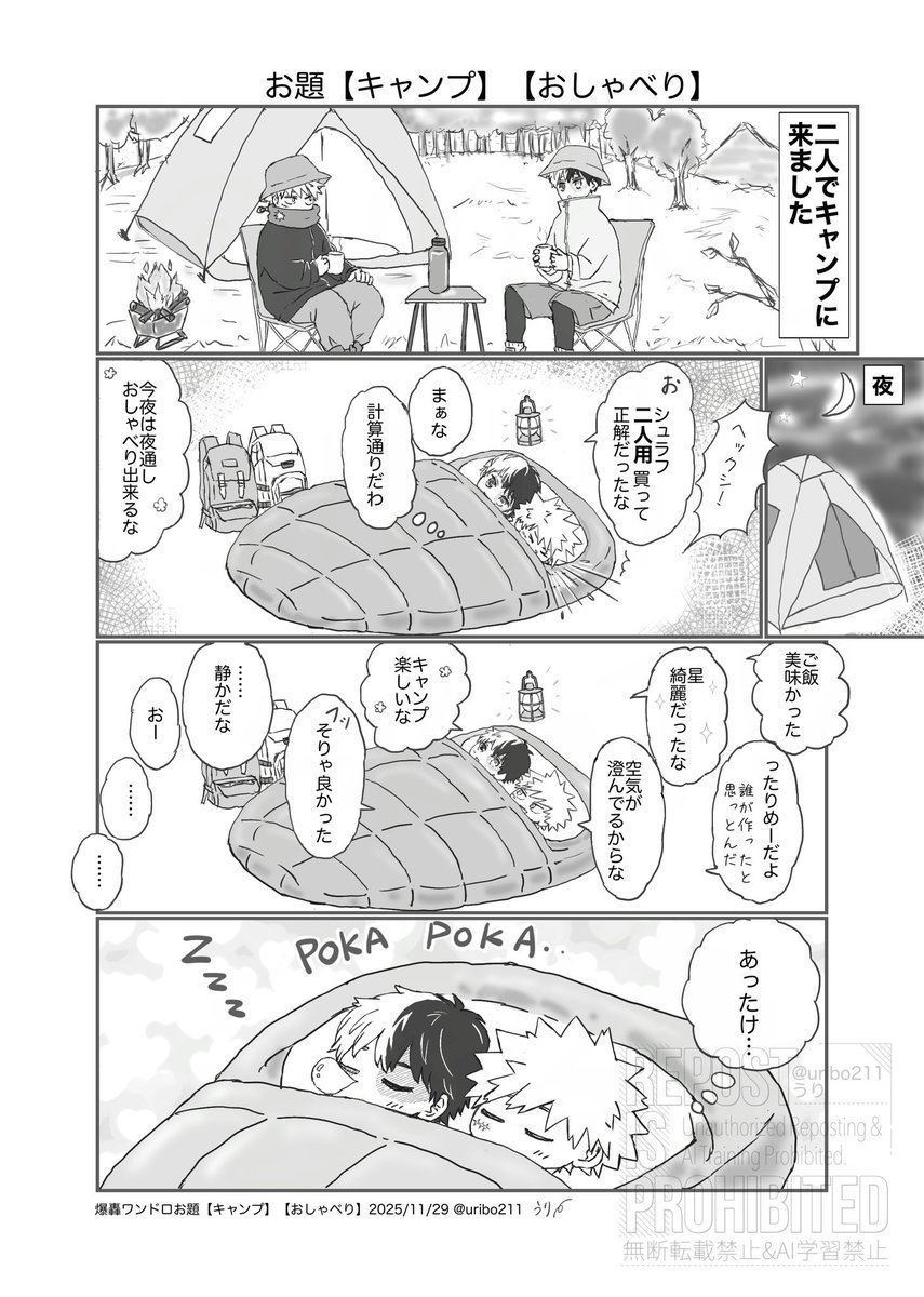#爆轟版深夜の真剣60分一本勝負
お題【キャンプ】【おしゃべり】
今週も開催していただきありがとうございます。
キャンプ用品を調べてたら２人用の寝袋がある事を知り、これは💥🍰を入れるしかないと思いました。
あたたかさ無限大です💕