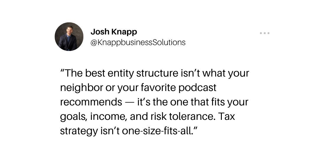 kbs_tax's tweet image. Best entity?
Not your buddy’s. Not a podcast’s.
Yours — built for your income, goals, risk.
Tax isn’t one-size-fits-all.
#TaxStrategy #SmallBiz
#BusinessStructure #LLC #SCorp #TaxPlanning #Entrepreneur