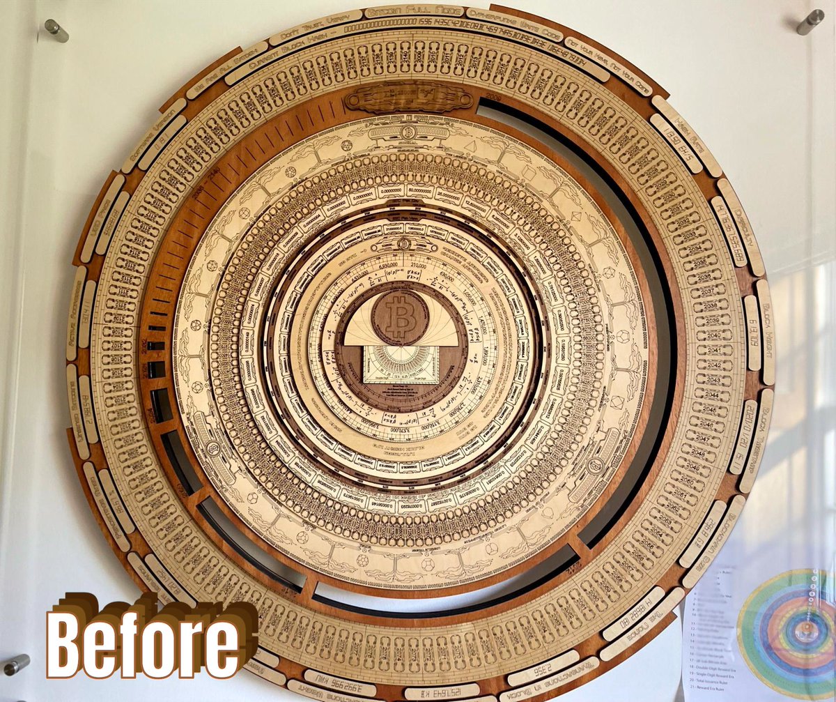 FractalEncrypt's tweet image. I recently flew to the UK to do some restoration work on The Bitcoin Full Node Sculpture #2 of 10. 

In 2020, I used a very thin veneer on the halving equation at the top, and it recently got damaged, so I replaced the crest with solid hardwood, and while I was there, I also…