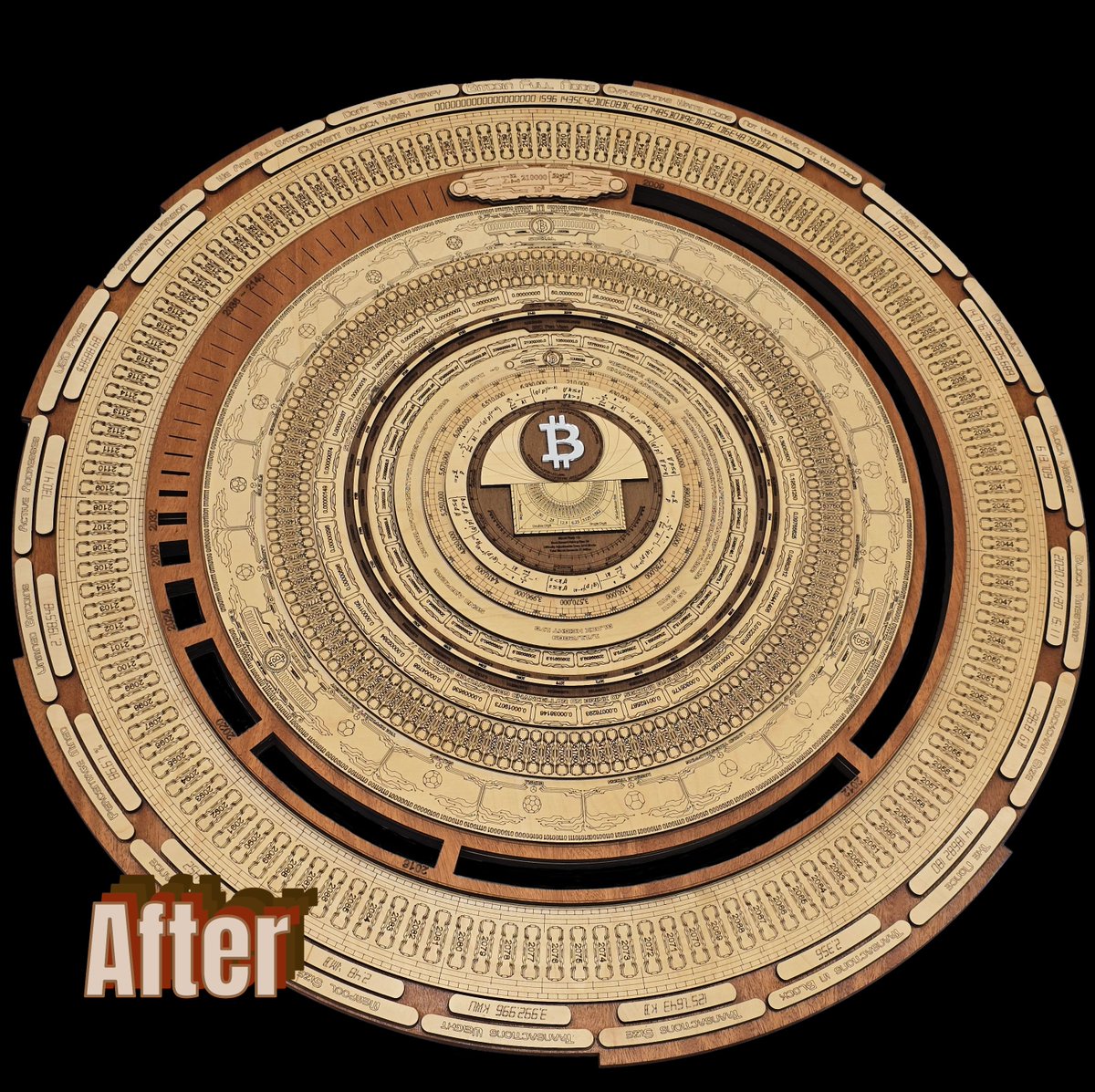 FractalEncrypt's tweet image. I recently flew to the UK to do some restoration work on The Bitcoin Full Node Sculpture #2 of 10. 

In 2020, I used a very thin veneer on the halving equation at the top, and it recently got damaged, so I replaced the crest with solid hardwood, and while I was there, I also…