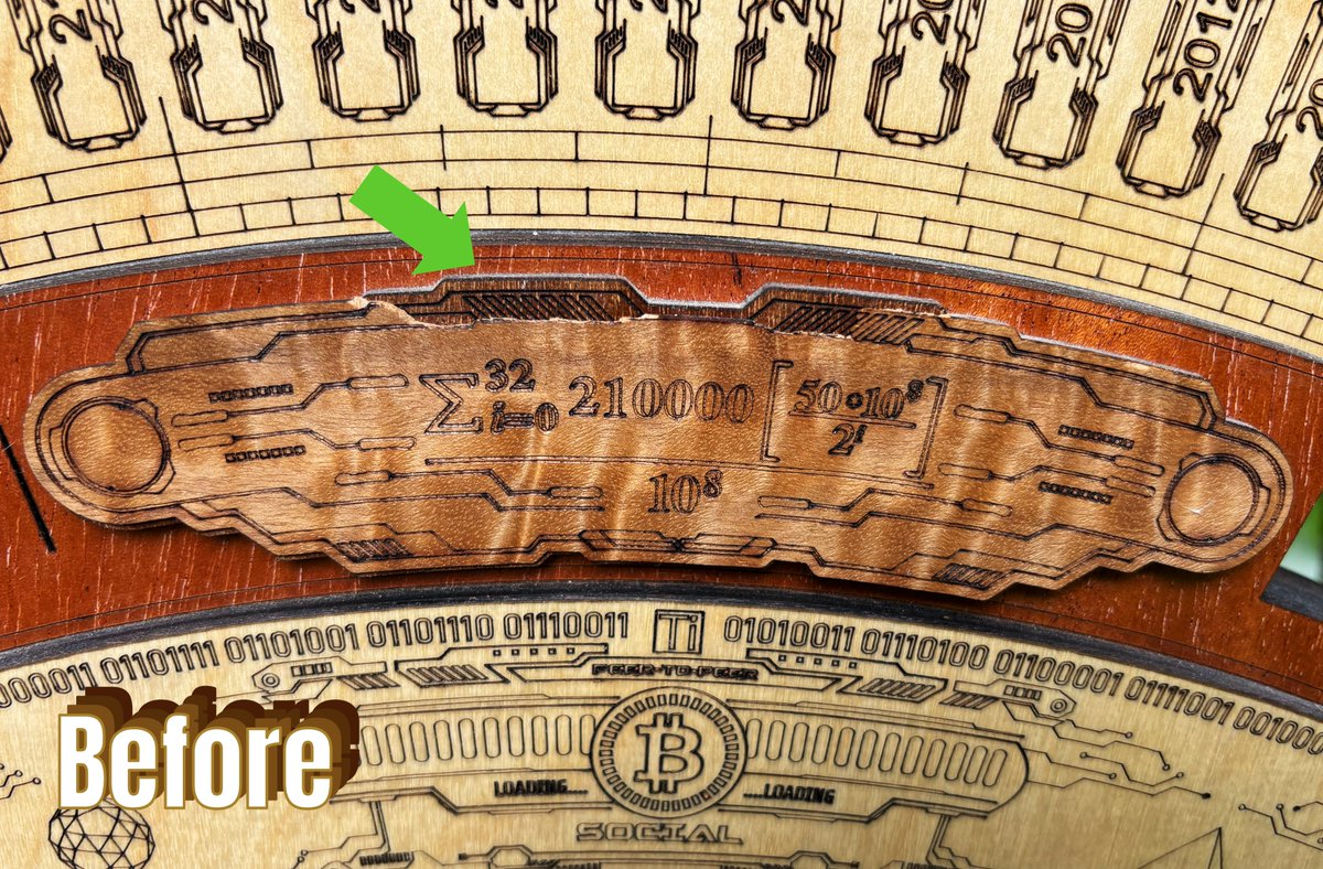 FractalEncrypt's tweet image. I recently flew to the UK to do some restoration work on The Bitcoin Full Node Sculpture #2 of 10. 

In 2020, I used a very thin veneer on the halving equation at the top, and it recently got damaged, so I replaced the crest with solid hardwood, and while I was there, I also…