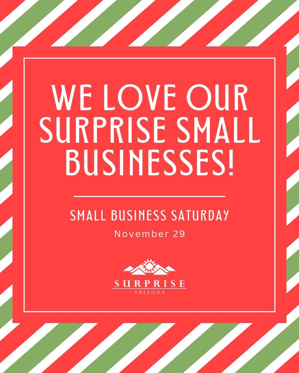AZSurprise's tweet image. Know a great small business in Surprise? Shout them out to spread the love!

Today is #SmallBusinessSaturday! It&apos;s a great day to #ShopSurpriseShapeSurprise, and show some love to our amazing local businesses! 🛍️💜

By doing so, you can support our local entrepreneurs and keep…