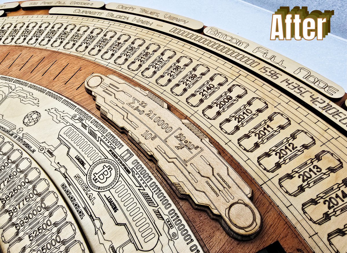 FractalEncrypt's tweet image. I recently flew to the UK to do some restoration work on The Bitcoin Full Node Sculpture #2 of 10. 

In 2020, I used a very thin veneer on the halving equation at the top, and it recently got damaged, so I replaced the crest with solid hardwood, and while I was there, I also…