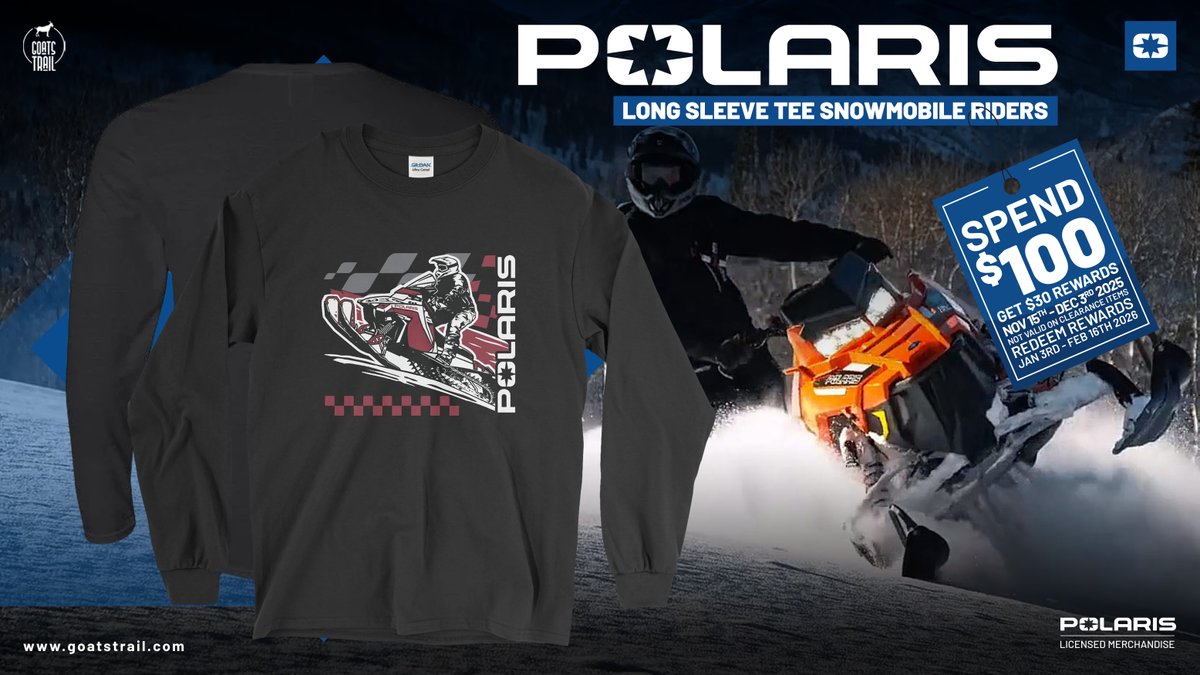GoatsTrail's tweet image. Adventure awaits! ❄️🔥 Gear up with the Polaris® Snowmobile Long Sleeve Tee—built for comfort, durability &amp;amp; true winter riding vibes.

Spend $100 = Get $30 rewards (Nov 15–Dec 3rd, 2025). Redeem Jan 3rd–Feb 16, 2026.

goatstrail.com/products/polar…

#PolarisSnow #SnowmobileLife…