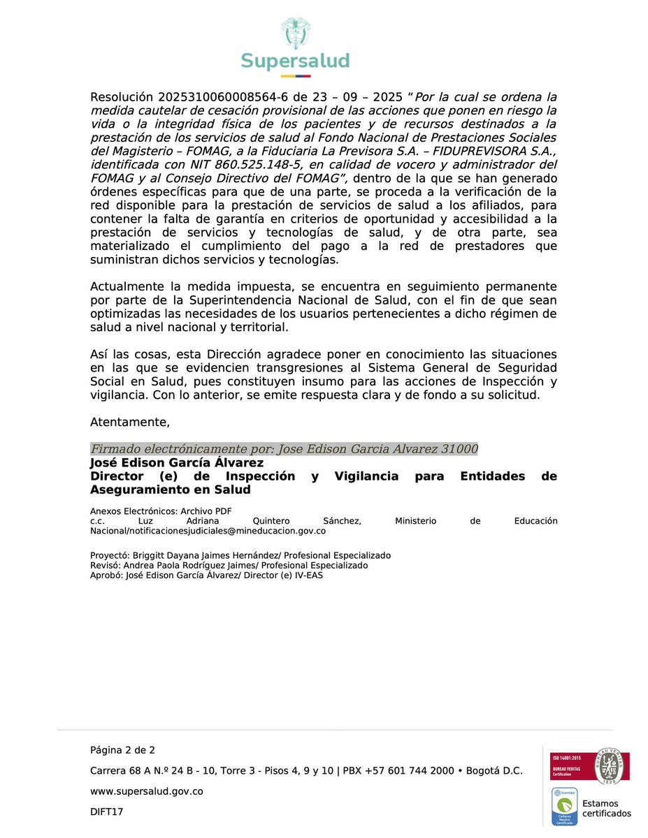 📢 Desde SINDODIC informamos a nuestros afiliados que, tras nuestra petición, la Superintendencia Nacional de Salud impuso medida cautelar contra FOMAG y Fiduprevisora, exigiendo mejoras inmediatas en la prestación del servicio de salud. ¡Seguimos vigilantes y firmes en defensa