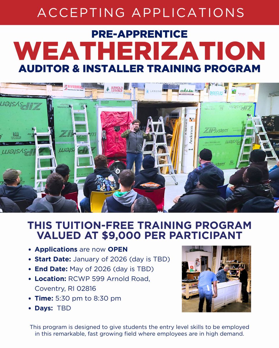 Ready to launch a career that makes homes safer, smarter, and more energy-efficient?
Our TUITION-FREE Weatherization Auditor &amp; Installer Pre-Apprentice Training Program starts January 2026!
rcwpri.org/?utm_source=tw…