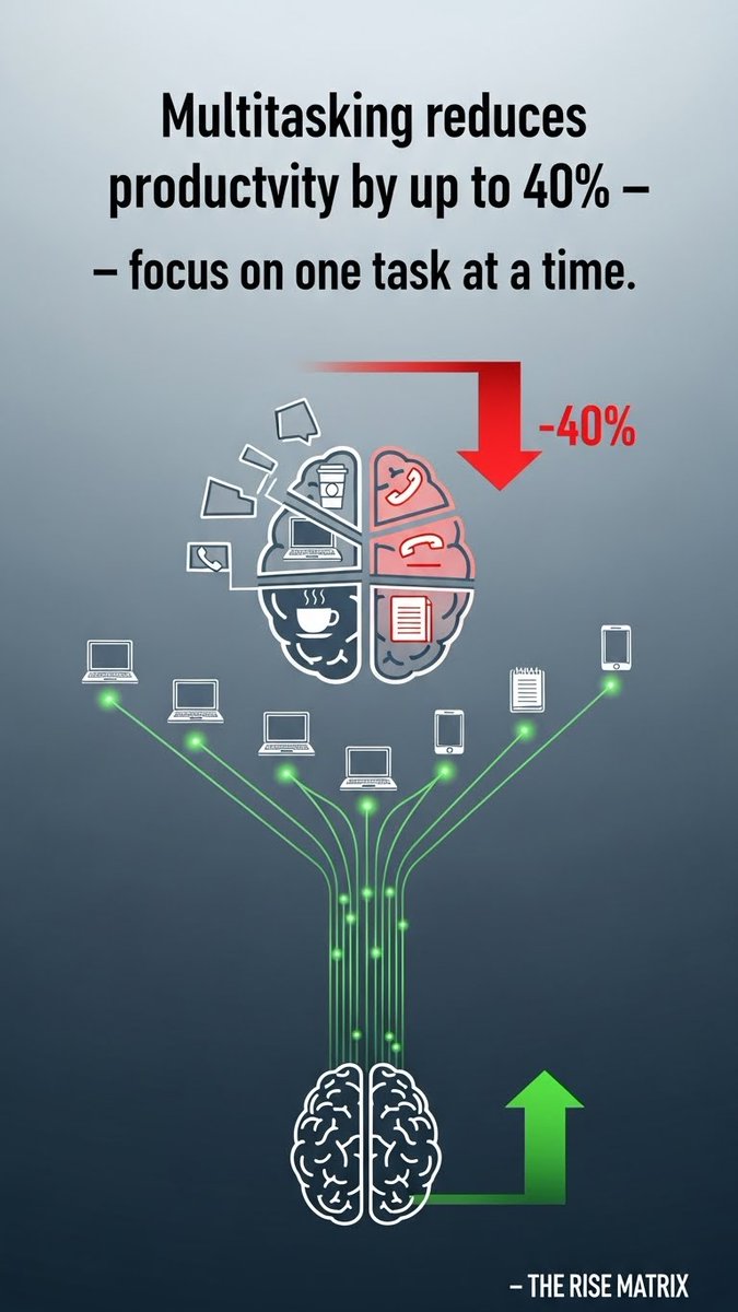 KhanLaghar78031's tweet image. &quot;Multitasking reduces productivity by up to 40% — focus on one task at a time.&quot;  
#KNOWLEDGEhub 
#Mindset