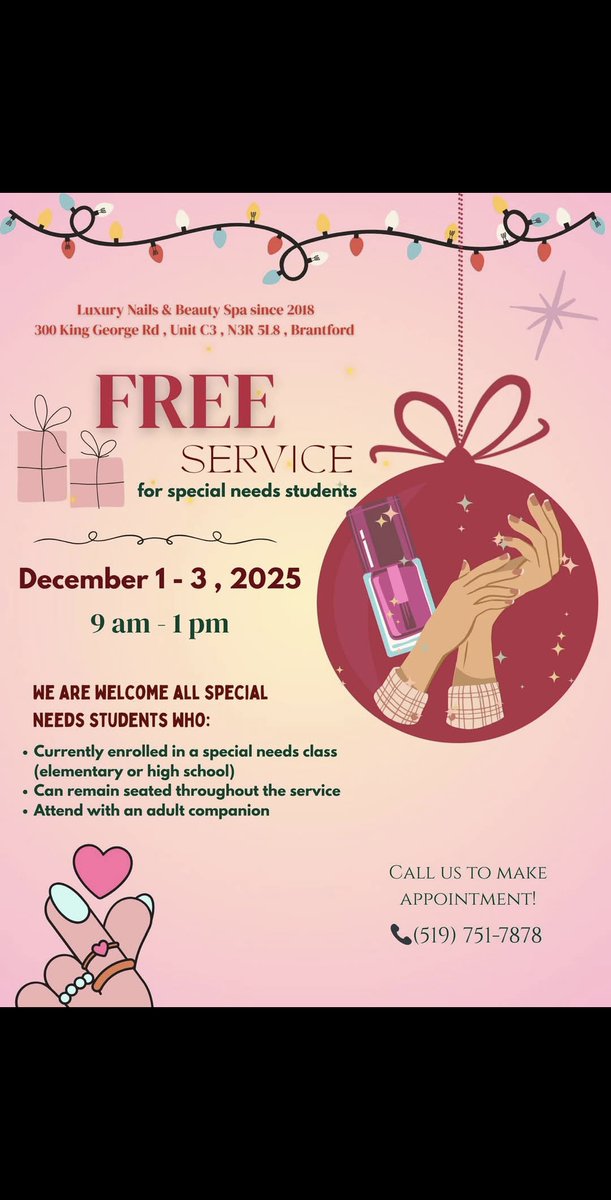 We love this! Luxury Nails on King George Road is offering FREE nail services for special needs students from December 1 to 3, from 9 a.m. to 1 p.m. Appointments are required; see the business’ Facebook page for more details. 
loom.ly/2QTnl_c #Brantford #shoplocal