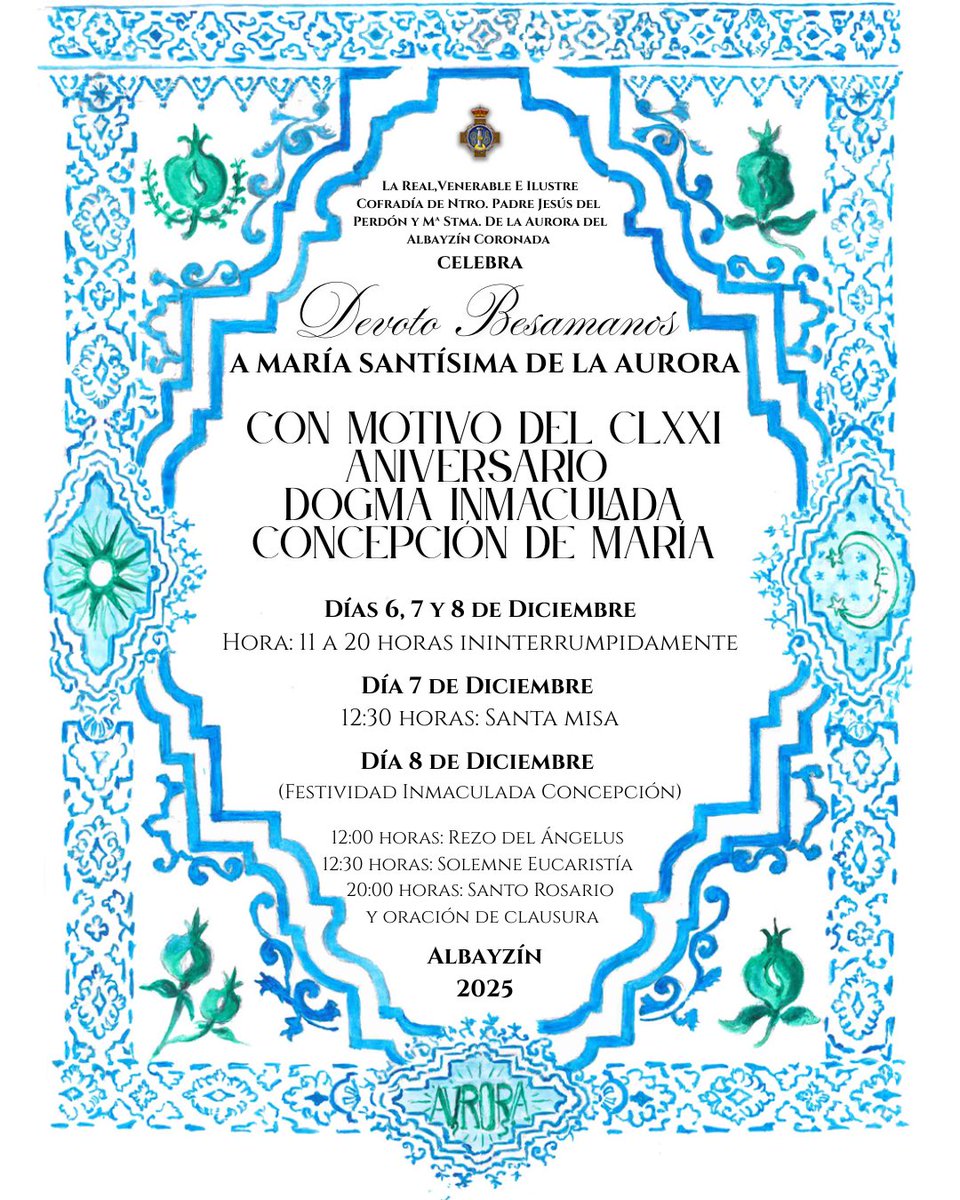 #Oficial | Devoto Besamanos a Mª Stma. de la Aurora con motivo del CLXXI Aniversario de la Proclamación del Dogma de la #InmaculadaConcepción de María.

Los próximos 6, 7 y 8 de diciembre celebraremos devoto besamanos a #LaAurora, en horario ininterrumpido de 11:00 a 20:00 h.

👇🏻