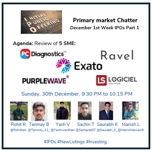 Sundayinvestin's tweet photo. Multiple IPOs clashing next week.

IPO opinions Dec 1st week Part 1 with @rohiitian, @Tanmay_31_, @Yaxhxvardhan, @sachprat07, @Saurabh_K_ and I tomorrow 9:30 PM.

We cover 5 SMEs - #Exatotech, #Ravelcare, #Invictadiagnostics, #Logiciel, #Purplewave.

Space link in 1st comment. https://t.co/UoQn2tgAHi