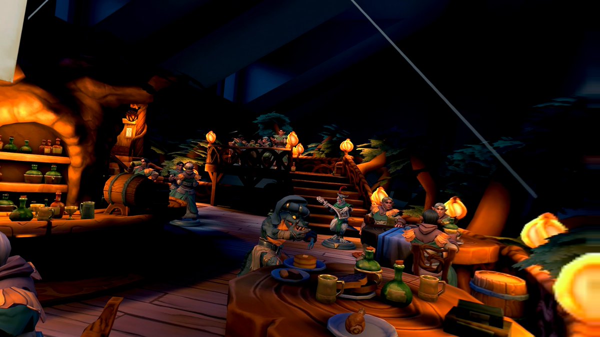 Dowa's tweet image. #DEMEO ×Dungeons＆Dragons を遊んでて、これがD&amp;amp;Dかというとシステムは全然違うのだが、ネヴァーウィンターが舞台でシナリオの作りやNPCの言動なんかがD&amp;amp;DなのでとてもD&amp;amp;Dの雰囲気がある。
画像は拠点となる「エメラルド亭」の様子をVRで。