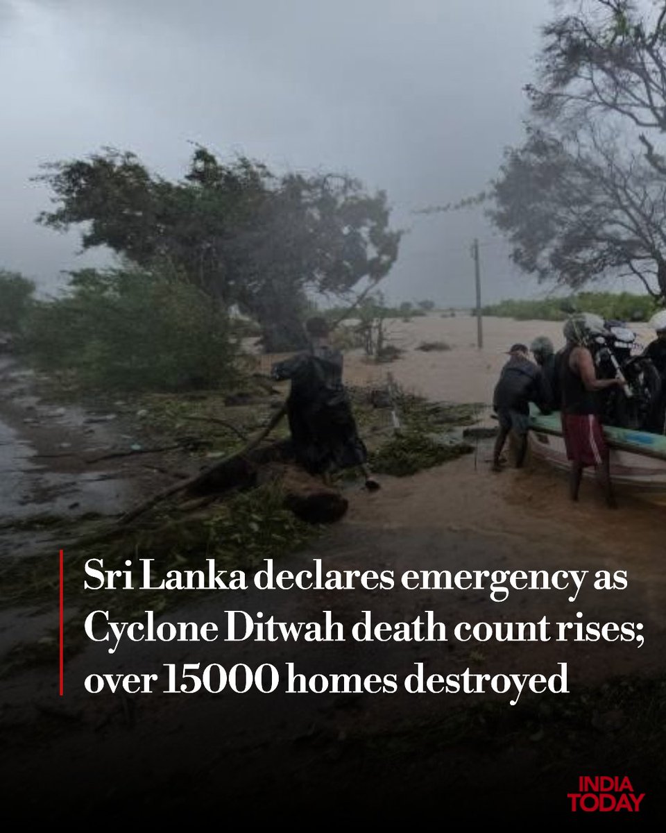 IndiaToday's tweet image. Sri Lanka declared a state of emergency on Saturday and appealed for international assistance as the death count from heavy rains and floods triggered by Cyclone Ditwah rose to 132, with another 176 reported missing.

The extreme weather system has destroyed more than 15,000…