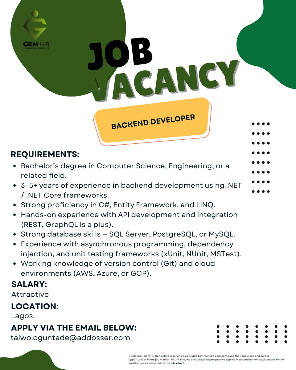 gem_hr's tweet image. 🔥Urgent Hiring: Backend Developer!🌟Lead and impact the Developer Industry! Location: Lagos.💌APPLY: taiwo.oguntade@addosser.com⏳Act fast—this opportunity won&apos;t last! 👥 Know someone ideal? Tag them! #backenddev #backenddev #backenddevloper #backenddeveloper #BackendDevelopment