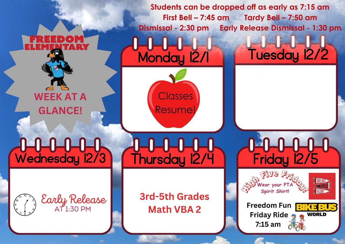 Hey there, Falcons! School resumes on Monday 12/1, and we can't wait to see you! Take a peek at our weekly update for what's in store this week.