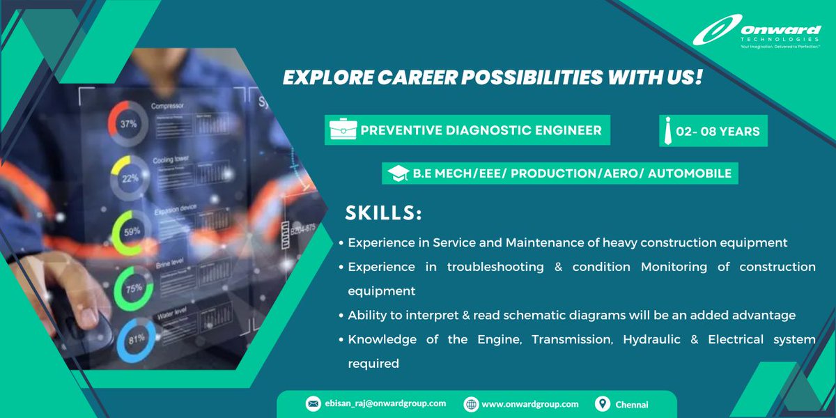 Tamizhforchange's tweet image. We are hiring for the role of Preventive Diagnostic Engineer
 📍 Location: Chennai
 🕒 Experience: 2 – 8 years
 🎓 Qualification: B.E in Mechanical / Automobile

Key Skills Required:
 ✅ Experience in service and maintenance of heavy construction equipment…