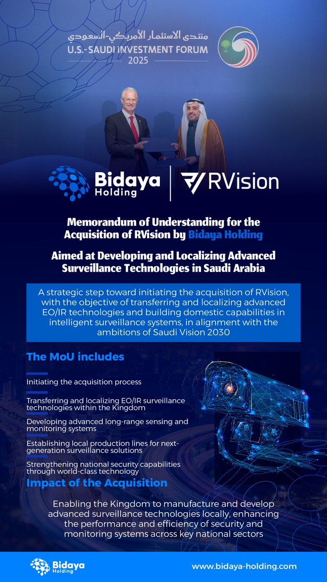 BidayaHold's tweet photo. Bidaya Holding signs an MoU to acquire RVision, aiming to develop and localize advanced surveillance technologies in Saudi Arabia. https://t.co/iBGn8MLoBl