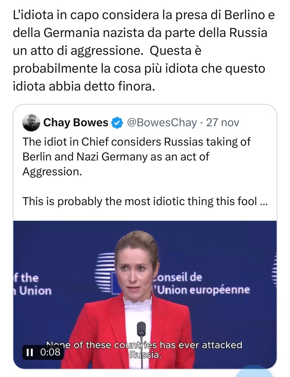 Attenzione alle parole pronunciate dalla Kallas:
“Negli ultimi 100 anni la Russia ha attaccato più di 19 Paesi. 
Nessuno di questi Paesi ha mai attaccato la Russia”
Chi potrebbe pensare che la Kallas si riferisca alla Germania nazista?