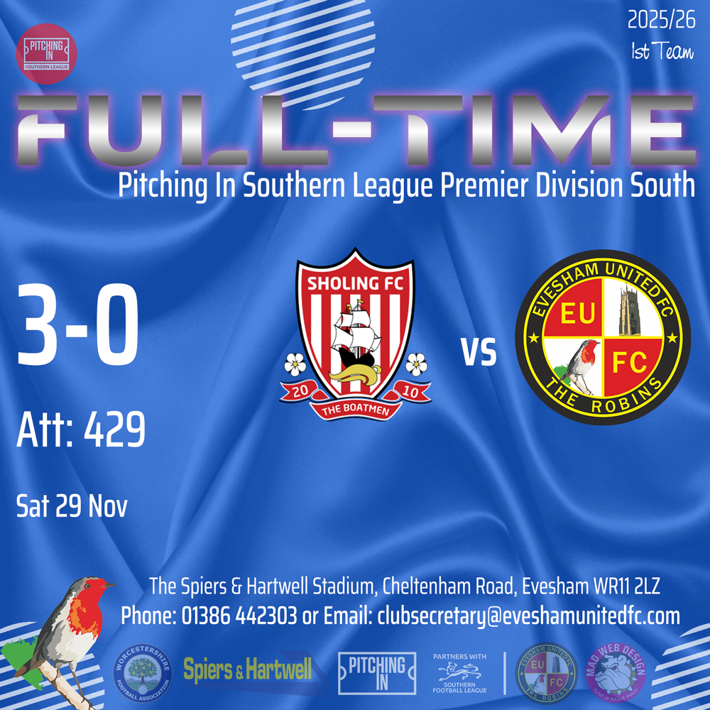 EveshamUnitedFC's tweet image. 🗣️ ⏱️90’+6 FT: It&apos;s a loss on the South Coast

⚽️ @sholingfc 3-0 @EveshamUnitedFC
(Klass 3&apos; Higgs 41&apos; Rabbetts 52&apos;)
Att: 429

📆 Sat 29 Nov 🏆 @SouthernLeague1

🔴⚪️#TheRobins