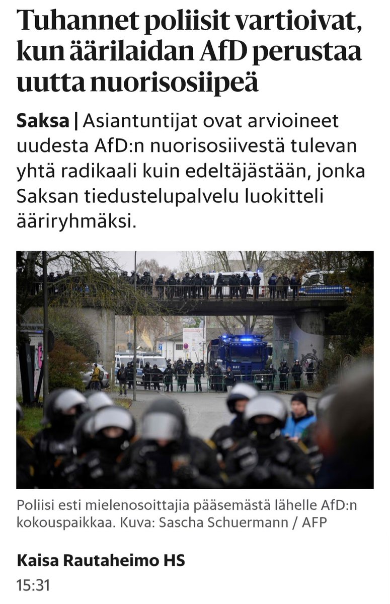 ALuukkainen's tweet image. HS:n toimittelijatar Kaisa Rautaheimo ei muista kertoa, että ne tuhannet poliisit tarvittiin suojelemaan AfD:n väkeä väkivaltaisten ja demokratian vastaisten vasemmistolaisten hyökkäyksiä vastaan. Kertoi vain poliisin varautuneen &quot;yhteenottoihin&quot;.