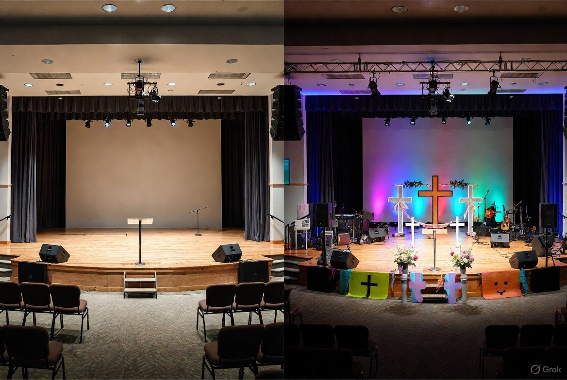 jerryskaggs's tweet image. From empty to epic. ✝️

Transformed this church stage for Easter with $400 in materials.

Want the blueprint? DM us or check bio for free guide.

#WorshipDesign #ChurchCreative #StageDesign