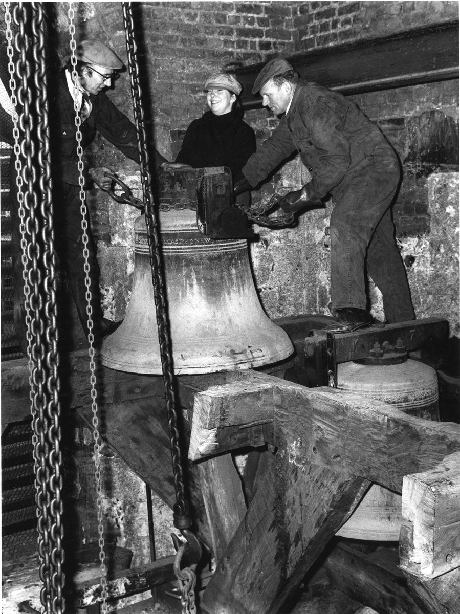 RBKheritage's tweet photo. For the first day of #EYAFocusWeek, this photograph from 1972 shows the lowering of the church bells in All-Saints Church, so that restoration work could be carried out on the tower (Image reference: K1-2992) #EYAConservation #ExploreYourArchive #kingstonheritage https://t.co/e5xFqgKZ33