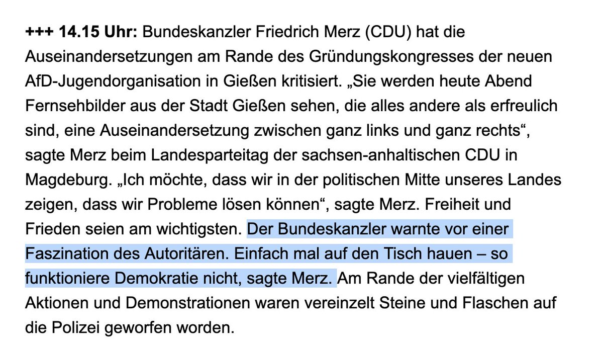 KlocknerMarcus's tweet photo. "Der Bundeskanzler warnte vor einer Faszination des Autoritären. Einfach  mal auf den Tisch hauen – so funktioniere Demokratie nicht, sagte Merz."
So,so. Und bei Corona? Hat da nicht ein Bundeskanzler gesagt: "Es darf keine rote Linien geben"? 
https://t.co/sphTybxS2l https://t.co/B8yb9MuyhC