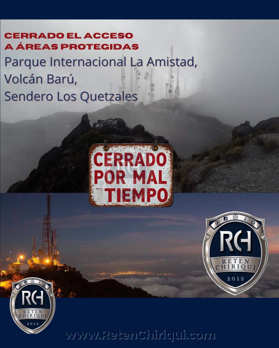MiAmbiente cerró temporalmente todos los senderos del Parque Nacional Volcán Barú, incluido Los Quetzales, por fuertes vientos, bajas temperaturas y el aviso d lluvias intensas emitido por el IMHPA. La medida es preventiva y busca proteger a los visitantes
retenchiriqui.com/post/cierran-t…