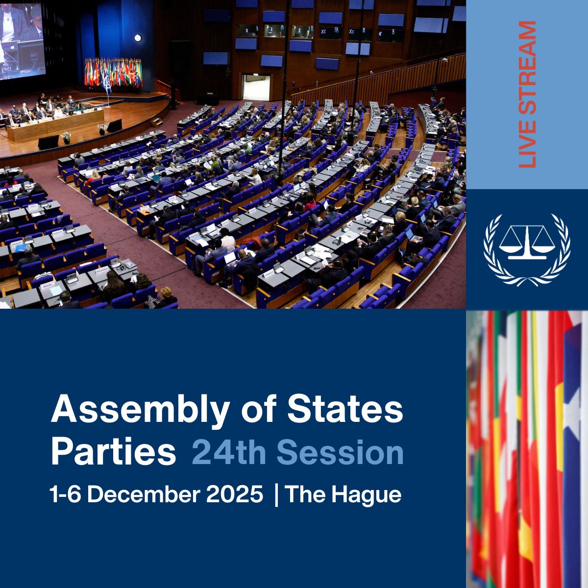 IntlCrimCourt's tweet image. 📢 The 24th session of the Assembly of States Parties opens on Monday, 1 December. States Parties, observer States, invited States, international and regional organizations and civil society will discuss key challenges facing the #ICC #RomeStatute and adopt resolutions. #ASP24