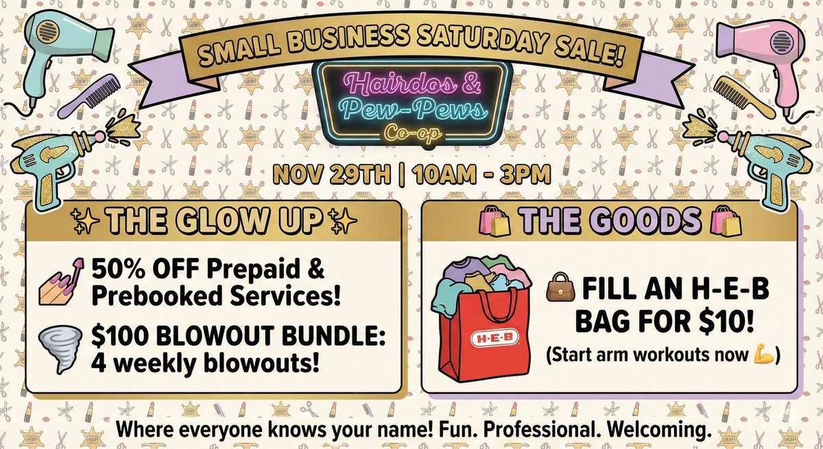 DivaDiveColor's tweet image. Happy #SmallBusinessSaturday  
Stop by Hairdos &amp;amp; Pew-Pews Co-Op today we have a $10 Bag sale in the boutique, the salon is offering 50 % off all prepaid/booked services. $100 for 4 blowouts. 

@SipGinPC is doing $20 Transfers for all Non NFA items