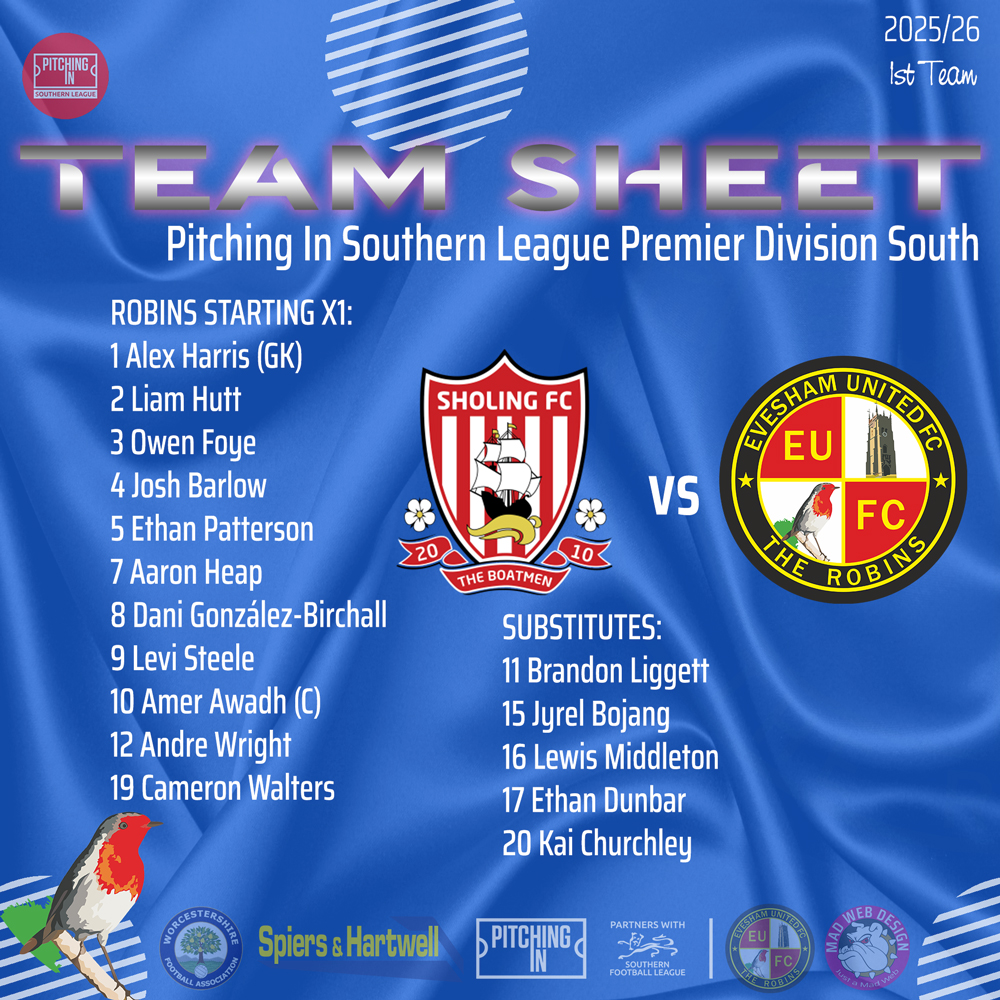 EveshamUnitedFC's tweet image. 🗣️ TEAMSHEET

⚽️ @sholingfc 🆚 @EveshamUnitedFC

⌨️ We have very limited updates today

📆 Sat 29 Nov 🏆 @SouthernLeague1

🔴⚪️#TheRobins