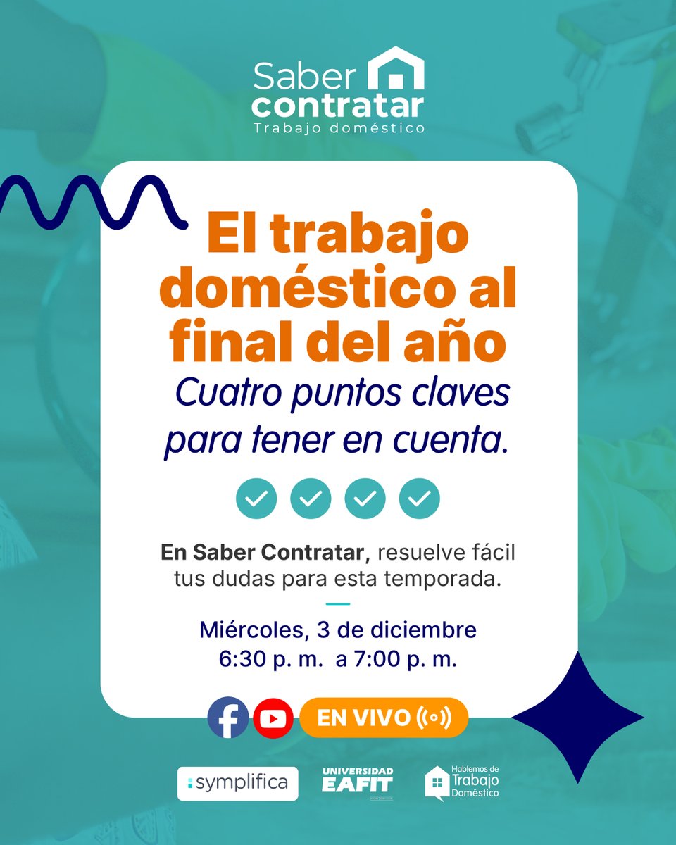 😊¡Compartan! Este miércoles, con especialistas de <a href="/symplifica_/">Symplifica</a> y el Consultorio Jurídico de <a href="/EAFIT/">Universidad EAFIT</a> , responderemos preguntas sobre qué tener en cuenta en el #trabajodoméstico en esta temporada.
📺Nos vemos en:
Facebook
bit.ly/SaberContratar…
Por YouTube
bit.ly/SaberContratar…