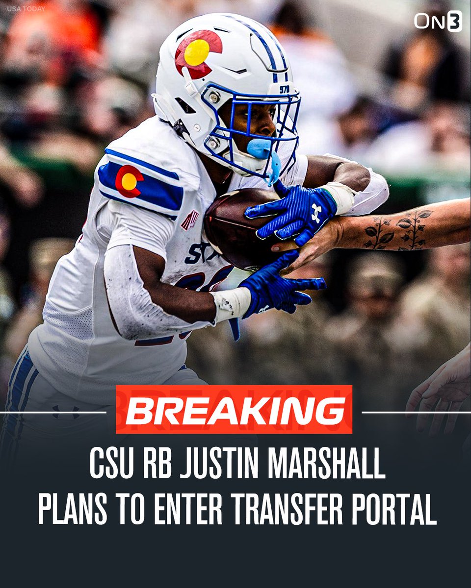 TransferPortal's tweet image. NEW: Colorado State RB Justin Marshall plans to enter the NCAA transfer portal, @PeteNakos reports. 

Marshall has rushed for 1,006 yards and 5 touchdowns over the past two seasons. 

on3.com/transfer-porta…