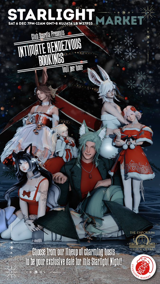 All 3 of Emporium’s venues are coming together to bring you our specialised services at #ffxivstarlightmarket💫

First up, #scordiaxiv presents our dazzling line up of hosts! We offer a warm, cosy date service around the market just for you. 

Here’s to an intimate starlight