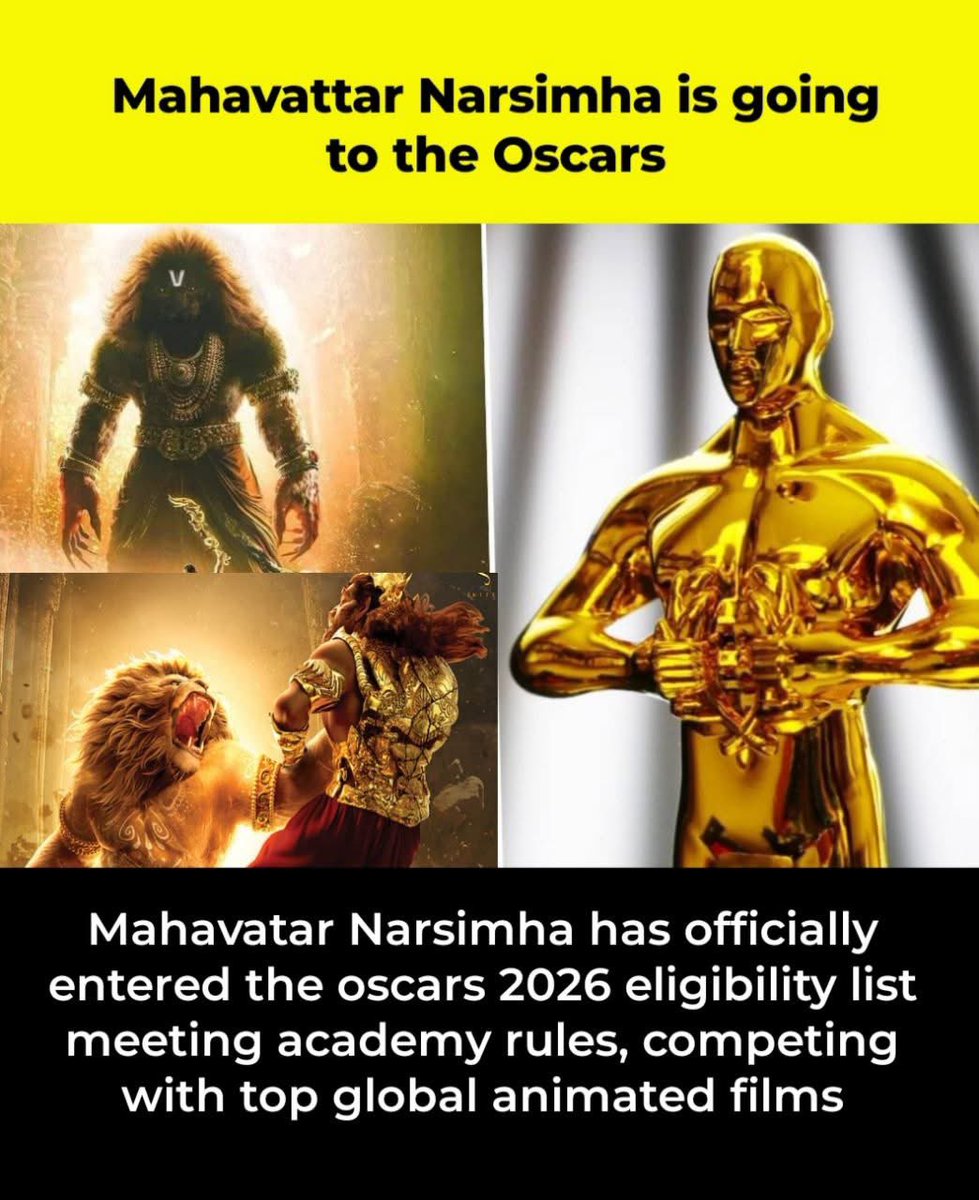 FalconUpdatesHQ's tweet photo. Mahavatar Narsimha qualifies for Oscars 2026 in Best Animated Feature category 🙌🏻

Hari Bol 🩷🙌🏻 https://t.co/tysycwRLEy