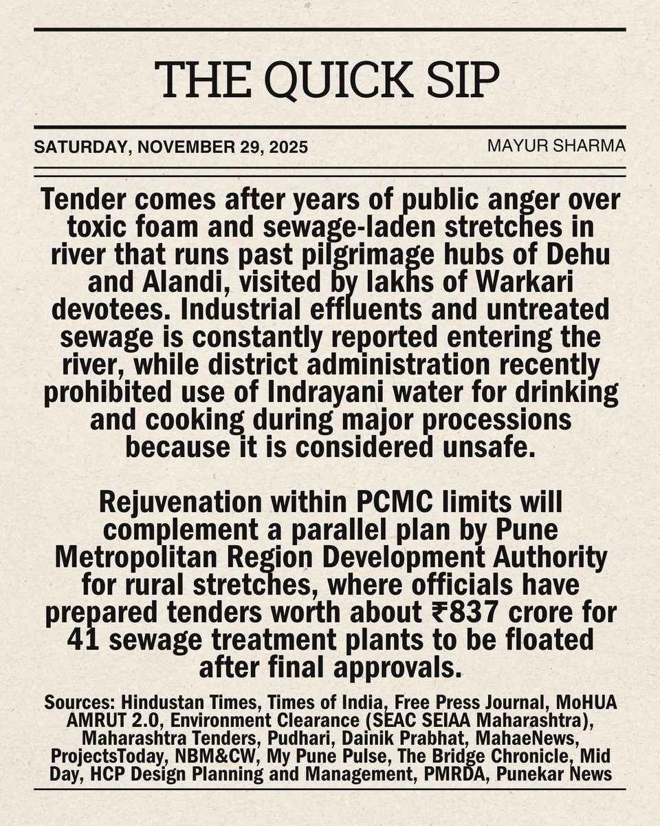 mayur259's tweet photo. #WaterNews: PCMC floats ₹443.51 crore AMRUT 2.0 tender to clean and fortify Indrayani River, bids due 18 December 2025.

#TheQuickSip #BusinessNews @pcmcindiagovin https://t.co/wcTbM1v4m4