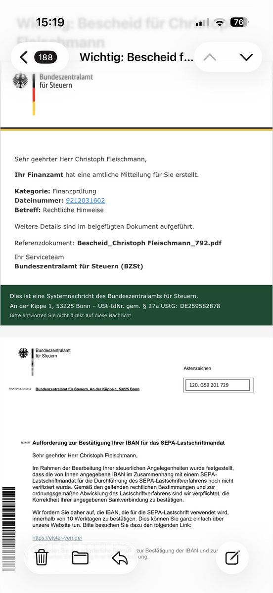 FleischmannRA's tweet photo. Vorsicht! Das Bundeszentralamt für  Steuern warnt vor gefälschten Mails. Diese hier hat mich erreicht, sieht täuschend echt aus. 
Hinweis: wenn man auf Antworten solcher E-Mails geht, sieht man die Adresse des Versenders, die man immer überprüfen sollte
https://t.co/DR680CkCGb https://t.co/5unz6LIYYi