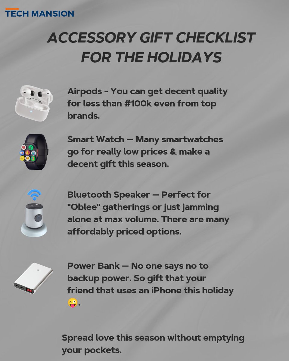 TechMansion's tweet image. It&apos;s holiday season!!
Here are some tech accessory gift ideas for you to get for your loved ones without going broke in the process.

Don&apos;t say we didn&apos;t do anything for you
 #techmansion #techtips #holidayseason #holidayshopping #giftideas #giftforher #GiftForHim