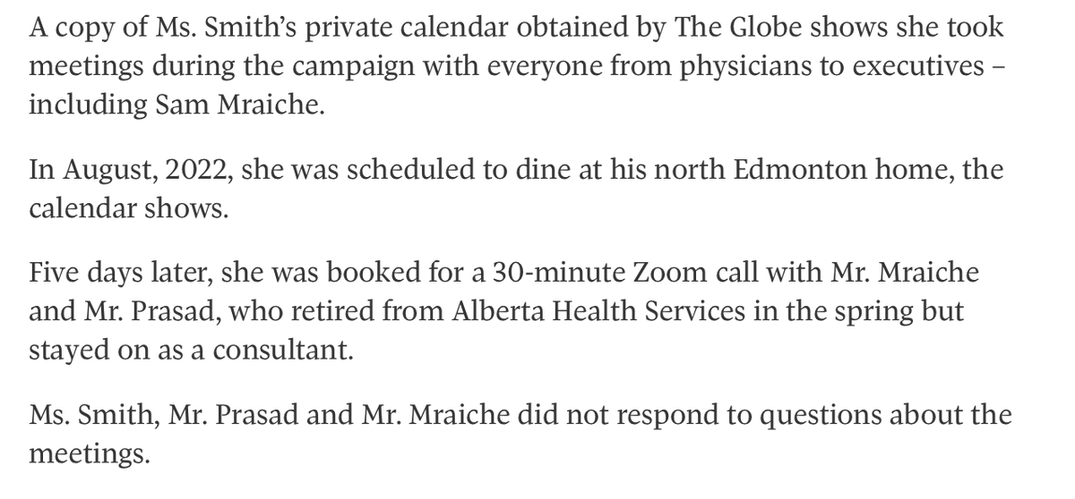 AndieWinnipeg's tweet image. New bombshell(s) in the Alberta Health Care Scandal from the Globe and Mail

Connections between UCP Government and the businessman who benefited from gov contracts are far more extensive than previously thought, and Smith was scheduled for dinner and meetings with him in 2022