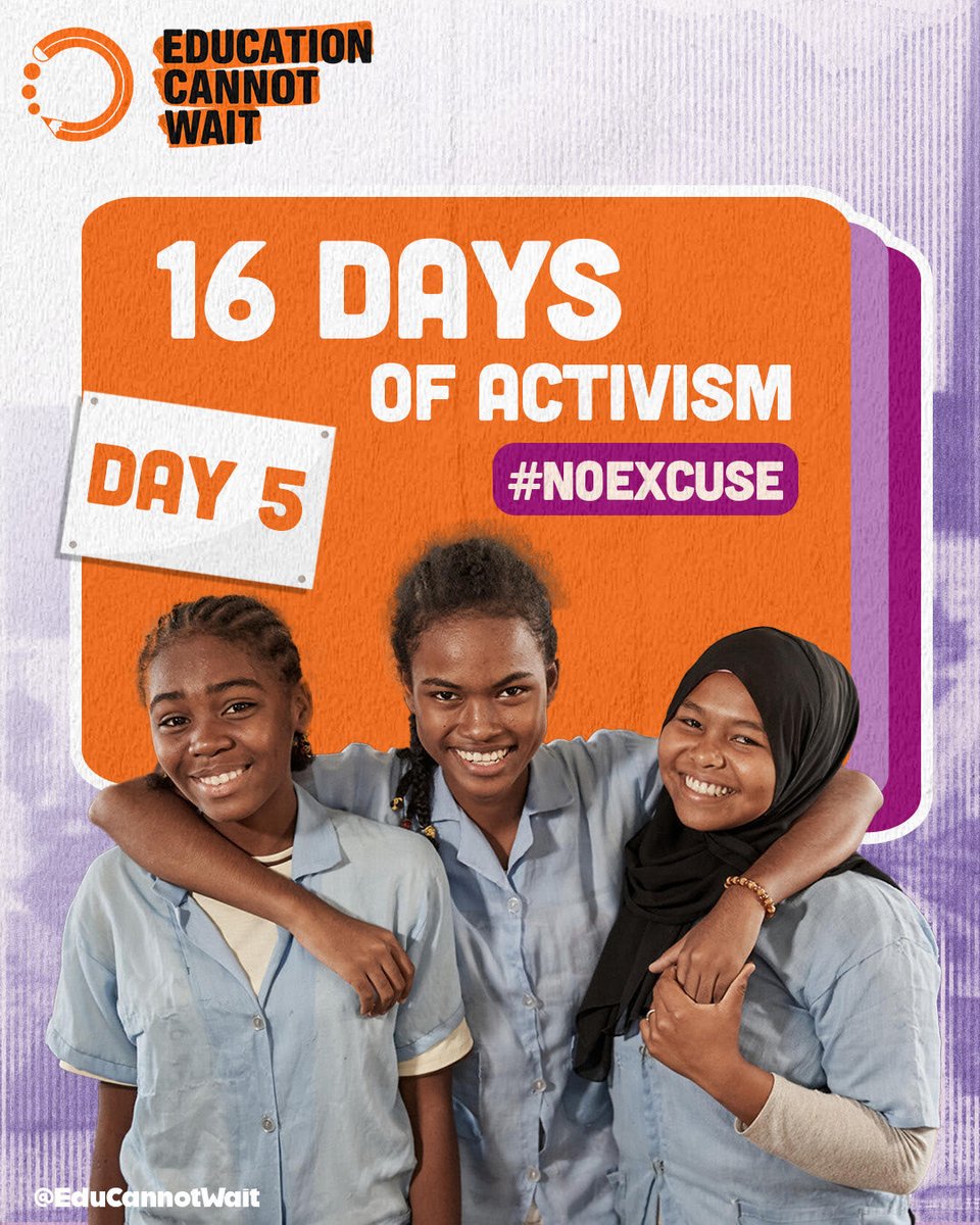 EduCannotWait's tweet image. #Day5 of #16Days:

#Refugee girls face some of the highest barriers to education – from unsafe routes to school to harmful norms that push them out of learning and into early marriage or other #GenderBasedViolence risks.

#ECW stands firm to uphold the right to a safe  education…