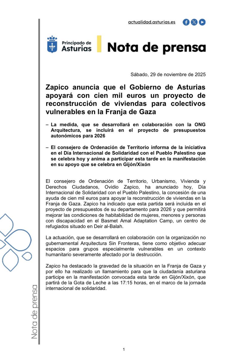 iuasturias's tweet image. ❤️‍🩹🇵🇸
Hoy, Día Internacional de Solidaridad con el Pueblo Palestino, nuestro Coordinador y Consejero @ovizapico anuncia que el presupuesto del @GobAsturias apoyará con 100.000 euros un proyecto de reconstrucción de viviendas en #Gaza, en colaboración con Arquitectura Sin Fronteras