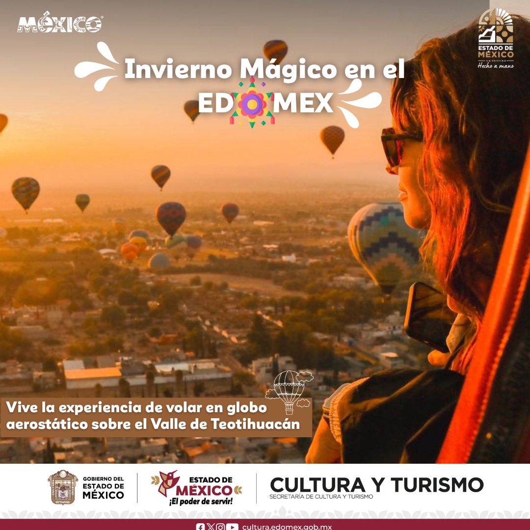 Es tiempo de planear las vacaciones de invierno y el Valle de Teotihuacán te espera con el vuelo en globo aerostático al amanecer. Recuerda contratar los servicios de empresas certificadas y que cuenten con las licencias. #ElPoderDeServir #EstadoDeMéxico