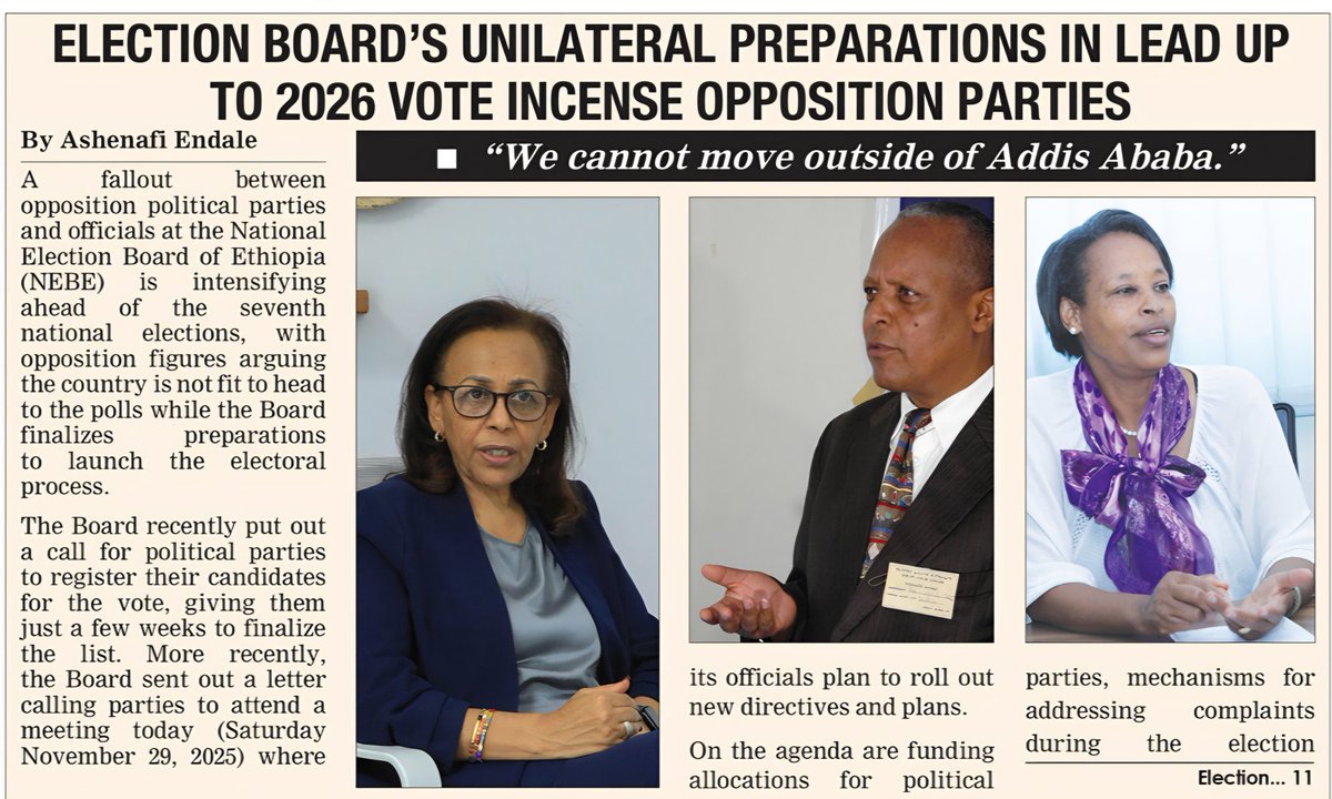 أحزاب المعارضة الإثيوبية
بتقول إن الانتخابات الجاية في يونيو 2026 مش هتكون عادلة، لأنهم محبوسين جوا العاصمة، الخروج من أديس أبابا مبيحصلش بسلام وعشان يقدروا يقوموا بمهامهم البسيطة زي:  
- تسجيل المرشحين  
- ترتيب المراقبين  
- عمل حملات انتخابية  
دا يعتبر في الوقت الحالي