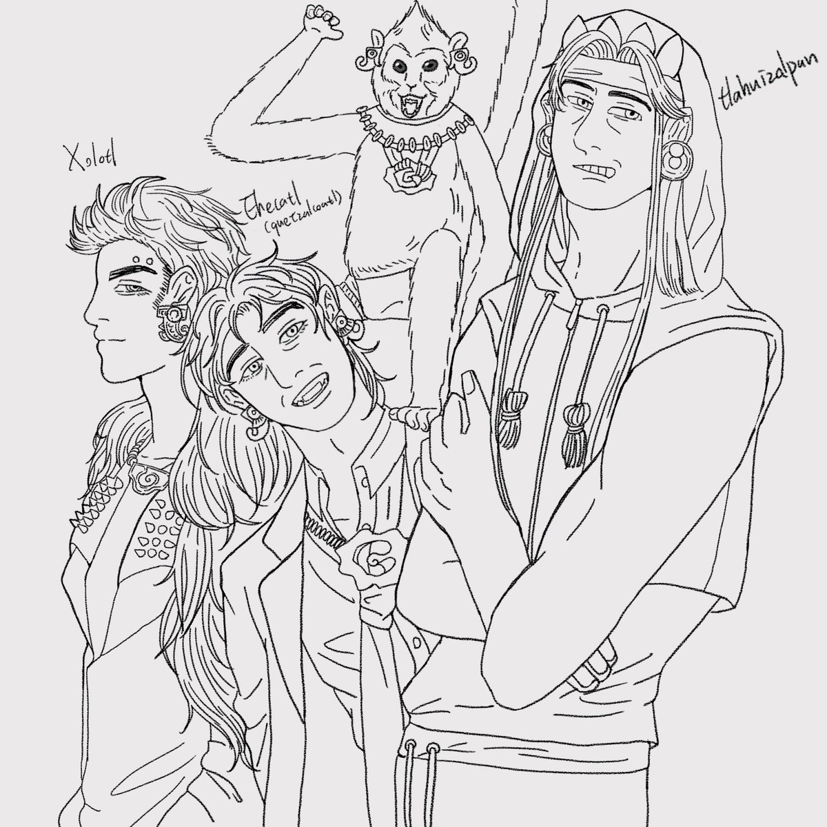 crabbybaddie45's tweet image. Ehecatl, enjoying some quality time with Venus, Xolotl his twin brother and Tlahuizcalpantecuhtli who is a &quot;Highly Dangerous Individual&quot;,has some beef with his adopted son, Tonatiuh 
#aztec #nahua #ehecatl #xolotl #tlahuizcalpantecuhtli