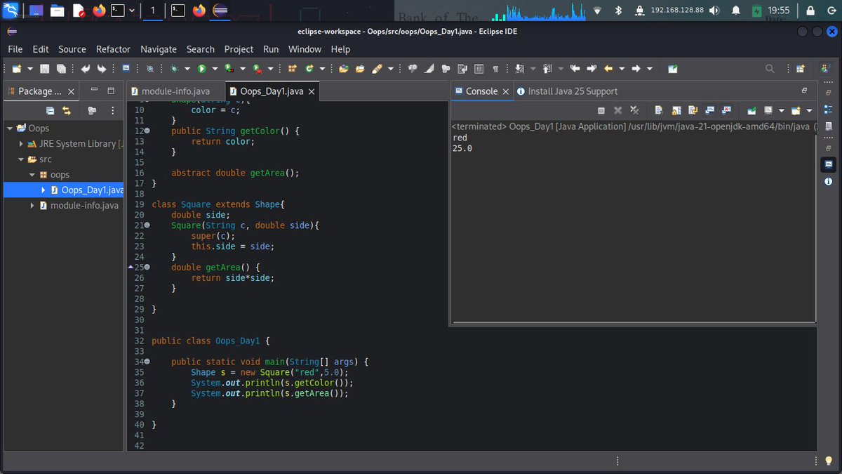 AakashModi1750_'s tweet image. Day 1: Abstraction in Java 
Implemented Shape (abstract) → Square today.
Input: red, 5.0
Output:
 red 25.0  
Good start to my 100 Days Practice! 🔥💻

#100DaysOfCode #OOP #Java #LearnInPublic #Founder #CTO #CEO #StartUp