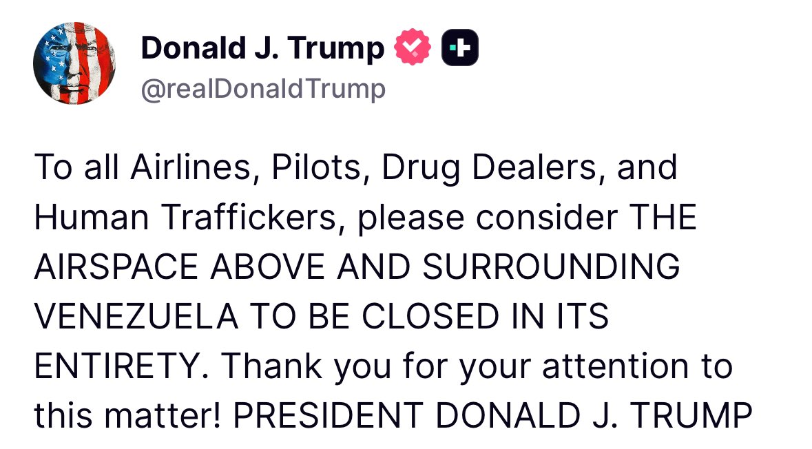 ME_Observer_'s tweet image. ⚡️🚨 Trump orders the closure of Venezuelan airspace. The airspace above and surrounding Venezuela to be closed in its entirety.