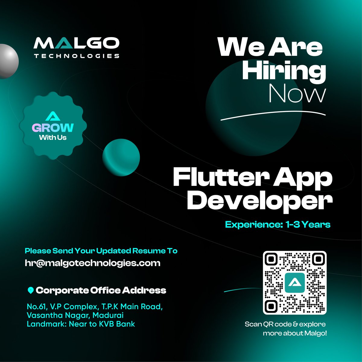 malgotech's tweet image. 💼 We’re Hiring: Flutter App Developer!

🌟 Experience: 1–3 years
📍 Location: Madurai (Onsite)
📩 Send your resume to hr@malgotechnologies.com

#FlutterDeveloper #Malgo #Hiring #MaduraiJobs #TechCareers #OnsiteJob