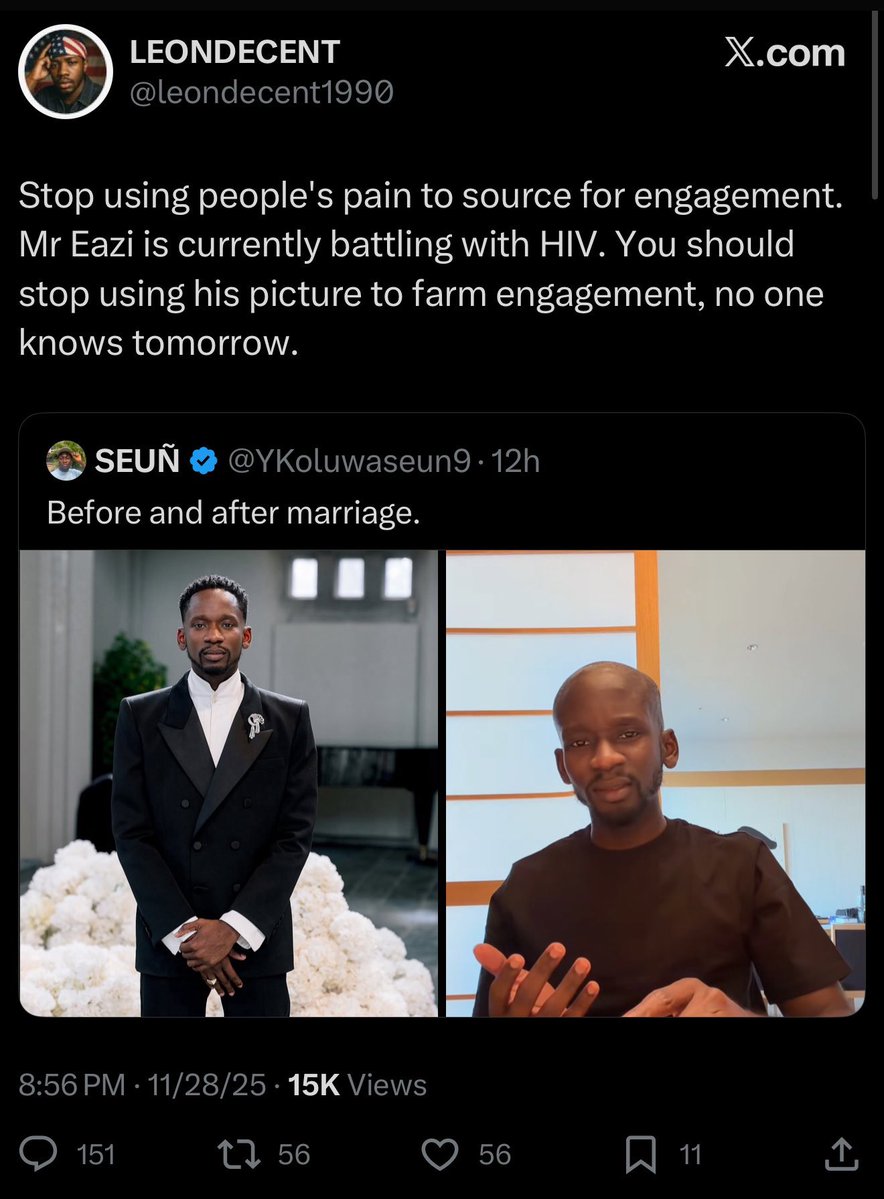 leondecent1990's tweet image. FOR CLARIFICATION:
@BolanleCole and @mreazi, I quoted the post below in a now-deleted tweet to condemn the mockery from the X user. I deleted the tweet when I realized the agenda circulating about Mr. Eazi was false. Then this bitter soul, @silverpenydr, started twisting....