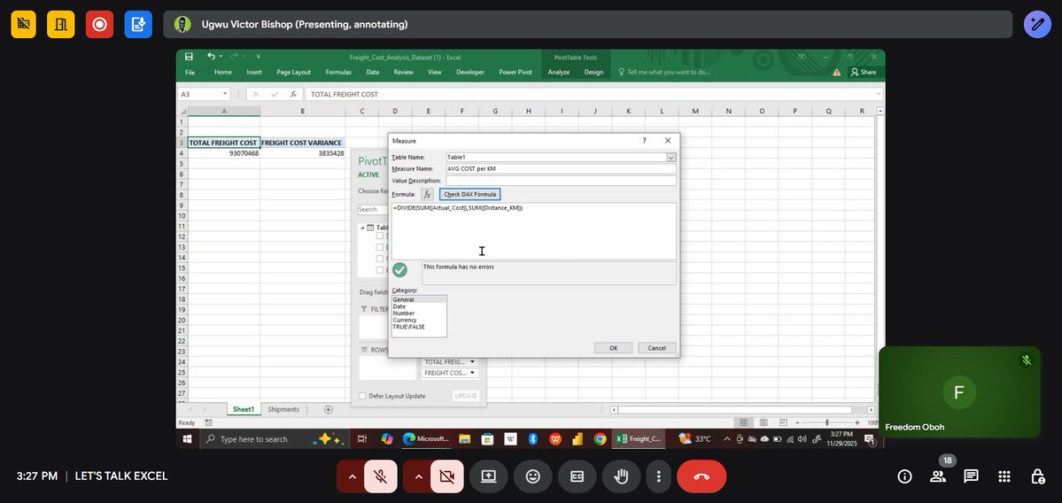 ObohX's tweet image. LETS TALK EXCEL COMMUNITY IS HOSTING A SESSION W/@_VictorUgwu 

WE LIVE RN 

JOIN IN 👇

meet.google.com/rrg-bfns-hpf

Currently working on a Freight Cost &amp;amp; Delivery Performance Dashboard 

#ExcelBoss #LetsTalkExcelWithFreedom
