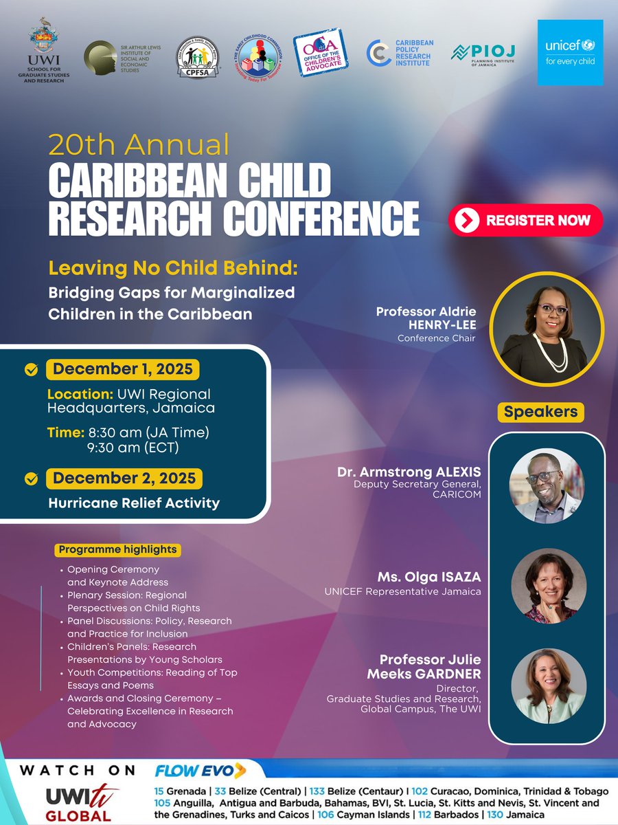 2 days to go!
The 20th Caribbean Child Research Conference is this Monday, Dec 1 at UWI Regional HQ 🇯🇲.

Featuring powerful presentations and child-led research on “Leaving No Child Behind.”

⏰ 8:30 AM JA / 9:30 AM ECT
📺 UWI TV Global

🔗 Register here: uwi.edu/alumnionline/c…